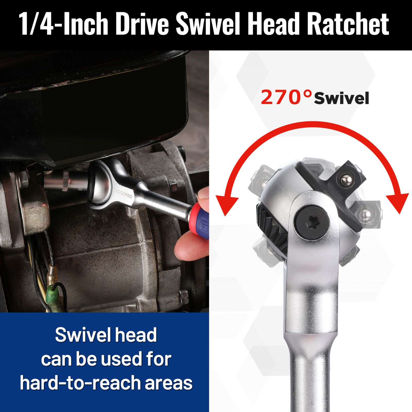 1/4»Drive Ratchet 72-Tooth Swivel Head 270°Swivel Quick-release Reversible