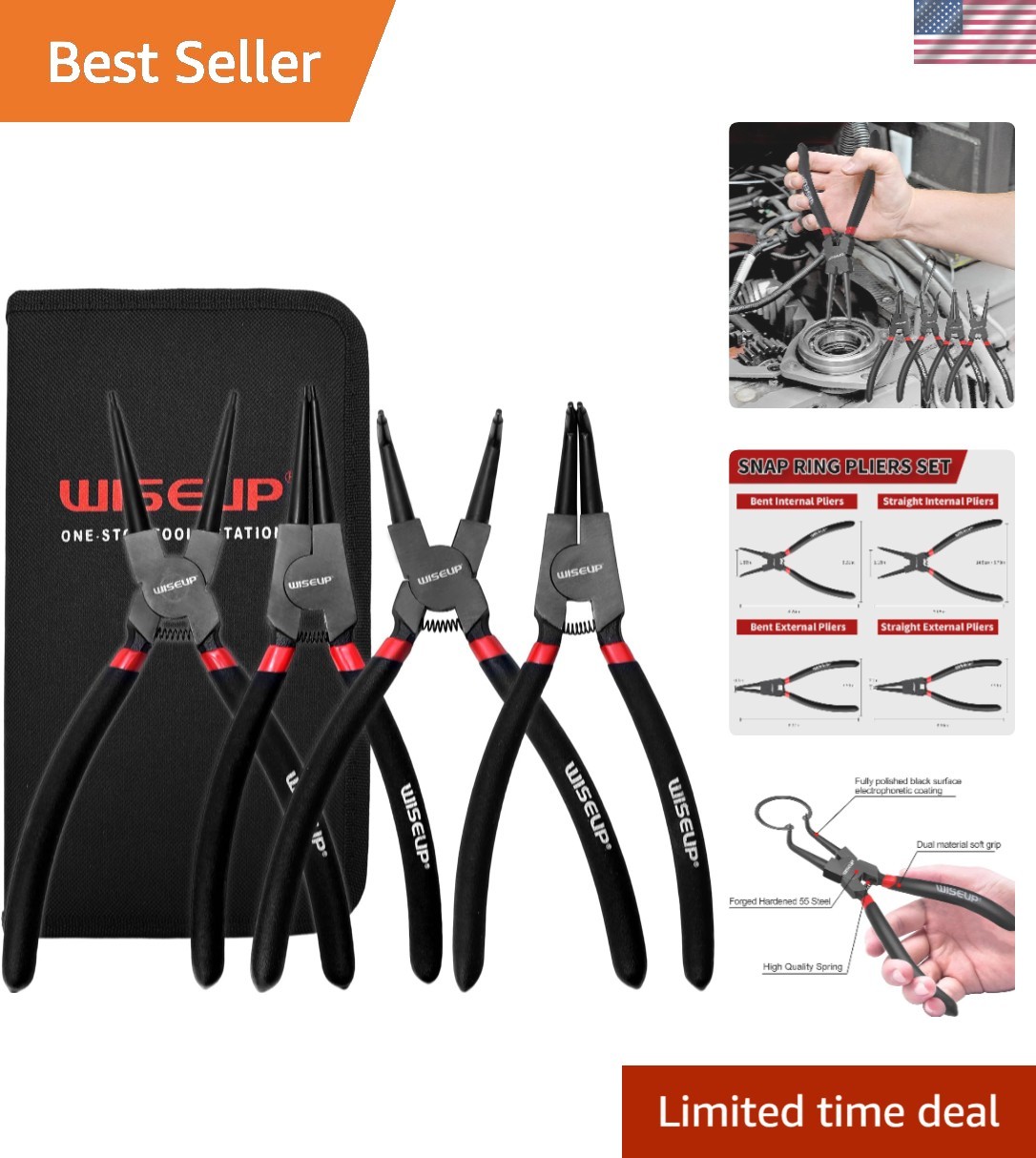 Durable 4PCS Snap Ring Pliers Set – 9 inch Tool Kit for Automotive Repair