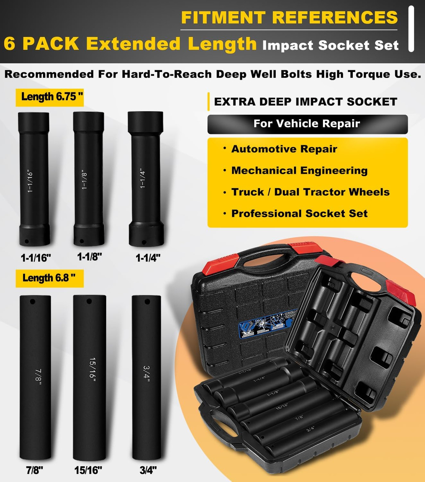 1/2 Inch Drive Extended Impact Socket Set – Extra Deep Hex Size 3/4 7/8 15/16 1