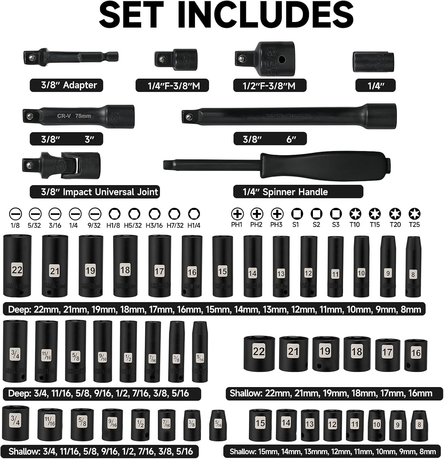 72 PCS 3/8″ Impact Socket Bit Set 6 Point, CRV SAE and Metric Sizes 5/16 to 3…