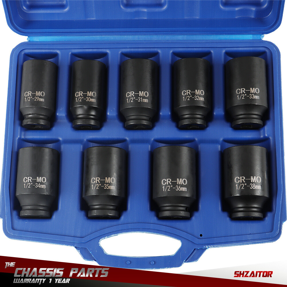 9 Pcs 29-38mm Deep Impact Socket Set Drive Metric Axle Hub Nut Socket 6 Point