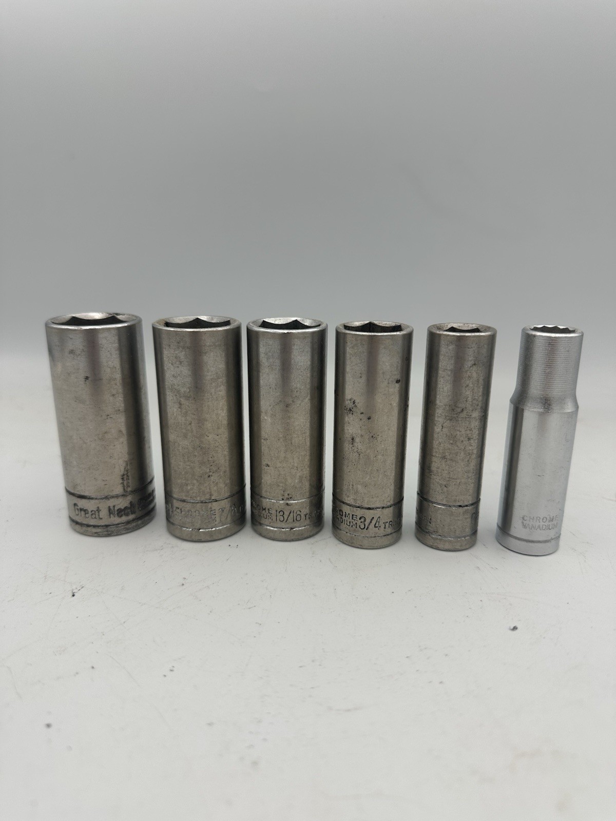 Great Neck Deep Socket Lot 1/2” Drive Sizes: 15/16, 7/8, 13/16, 3/4, 9/16, 1/2