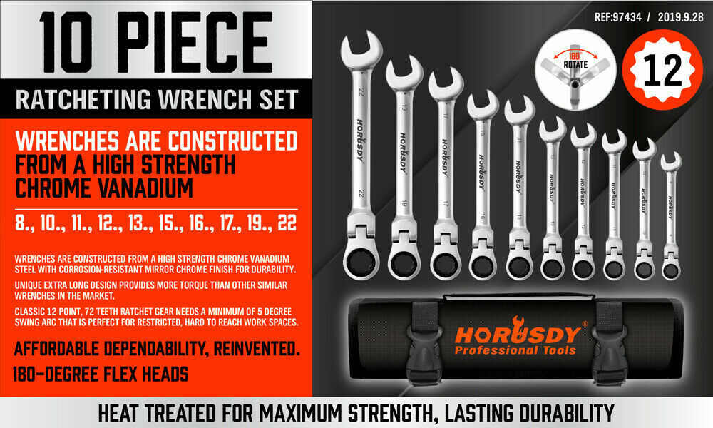 10Pc 8-22mm Flexible Head Ratcheting Wrench Combination Spanner Auto Tool Metric