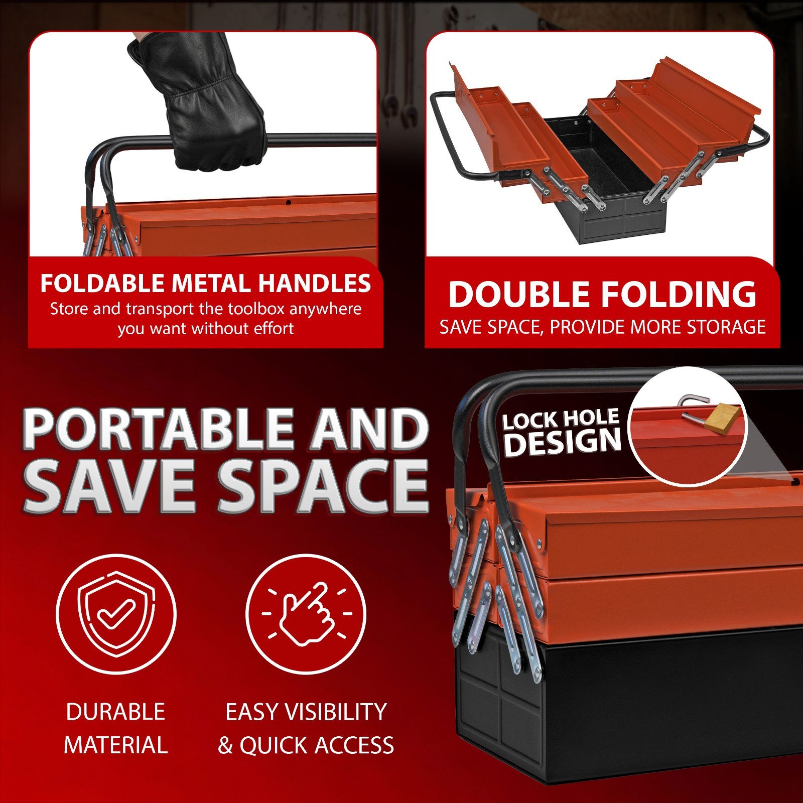 Heavy Duty 25″ 470mm Metal Cantilever 5 Tray Toolbox Storage Tool Box Red New
