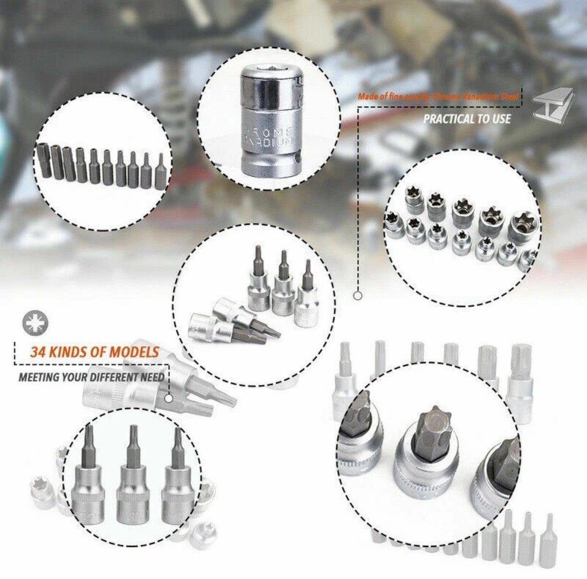 34 pcs Torx Star Sockets & Bit Set Male Female E-torx Security Bits 3/8 Drive