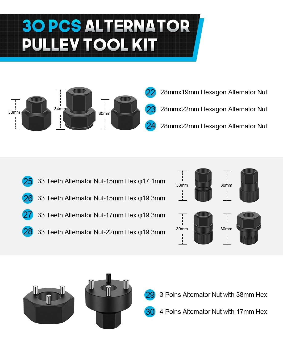 30PCS Alternator Pulley Removal Tool Kit, Decoupler & Freewheel Socket Set for V