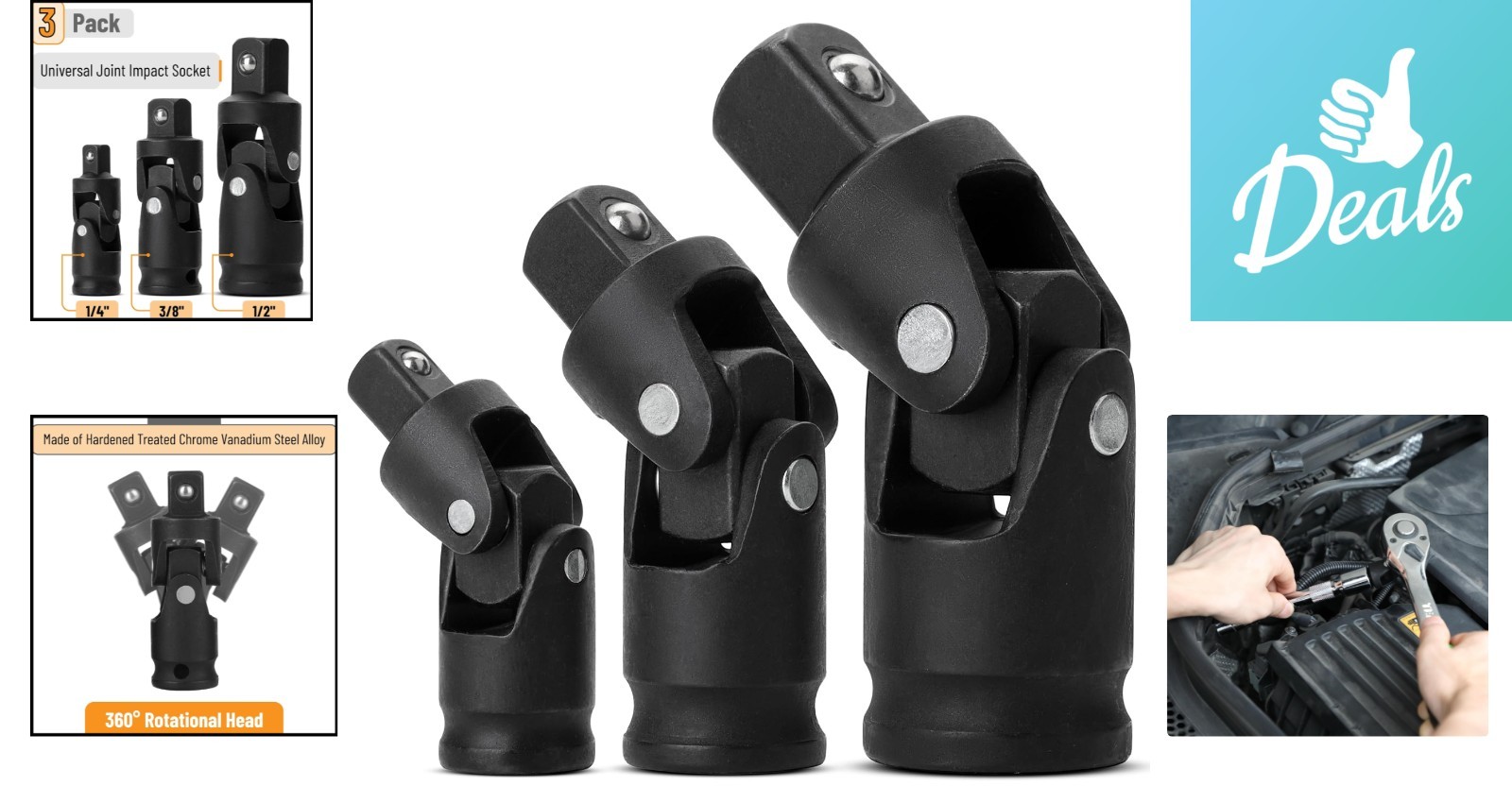 Bates 3-Piece Universal Joint Impact Socket Set, 1/4″, 3/8″, 1/2″ for Durability