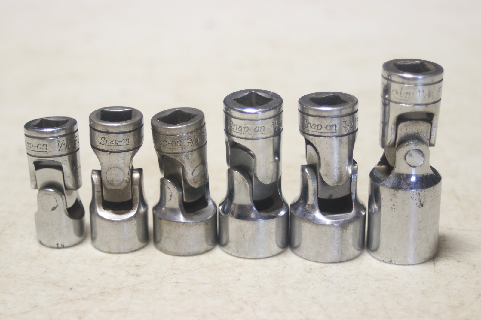 Lot of 6 Snap On 3/8 Inch Drive 6 Point Swivel Sockets 7/16 to 3/4