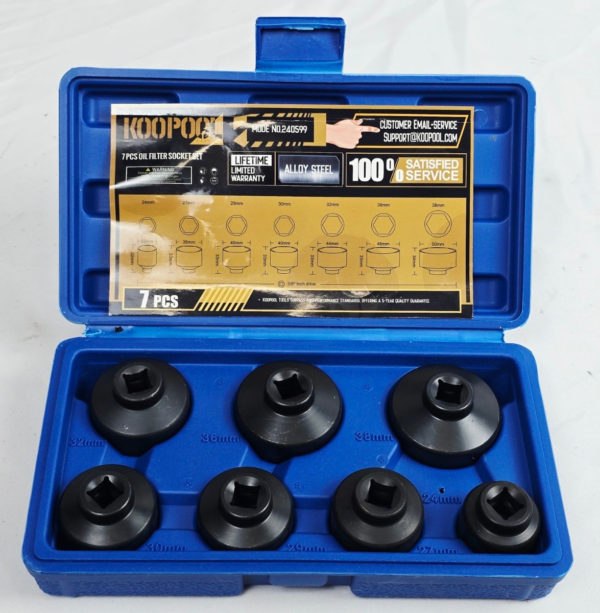 7-Piece Oil Filter Socket Set Includes 24mm, 27mm, 29mm, 30mm, 32mm, 36mm, 38mm