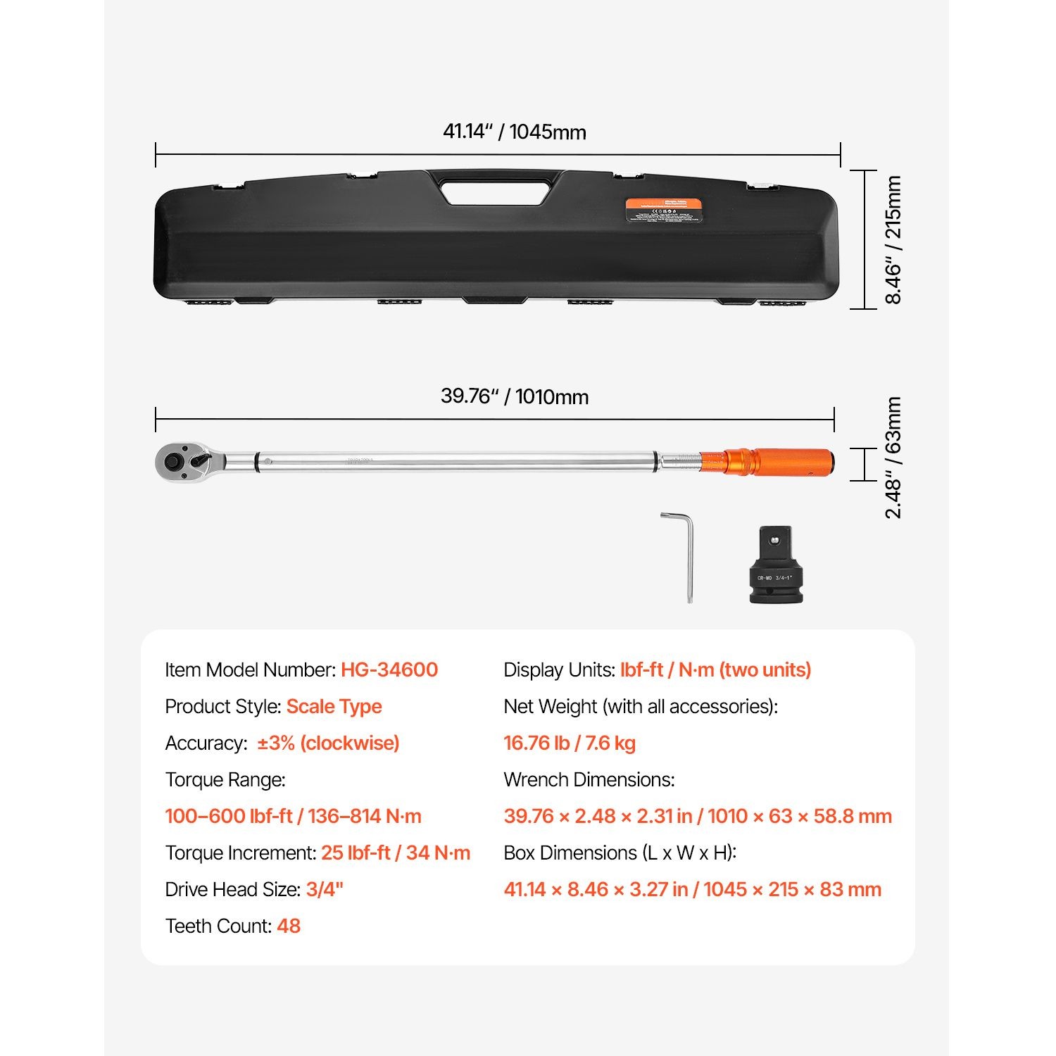 3/4in Click Torque Wrench 100-600lb-ft Dual Range