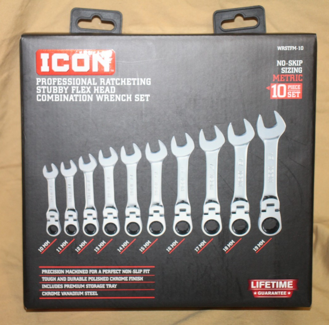 ICON WRSTFM-10 10 Piece Ratcheting Stubby Flex Head Wrench Set Metric 10-19mm