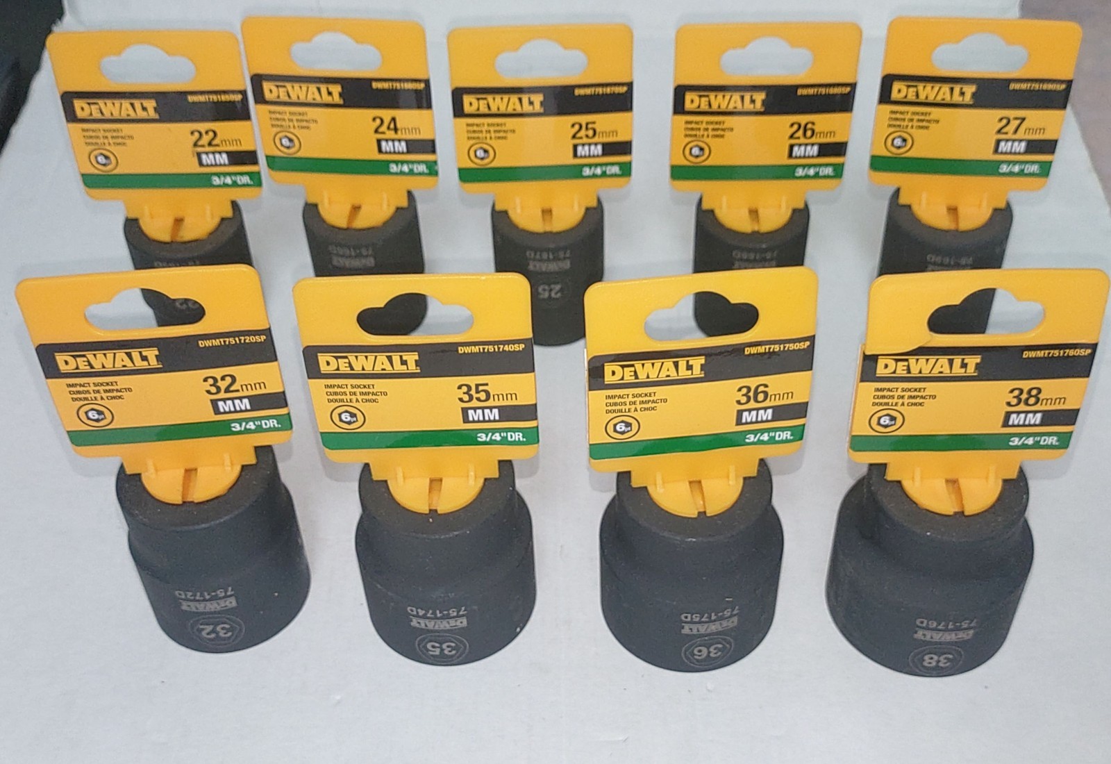 DeWALT 9 pc 3/4″ Drive Metric Impact Socket Set 24mm – 27mm 32mm 35mm 36mm 38mm