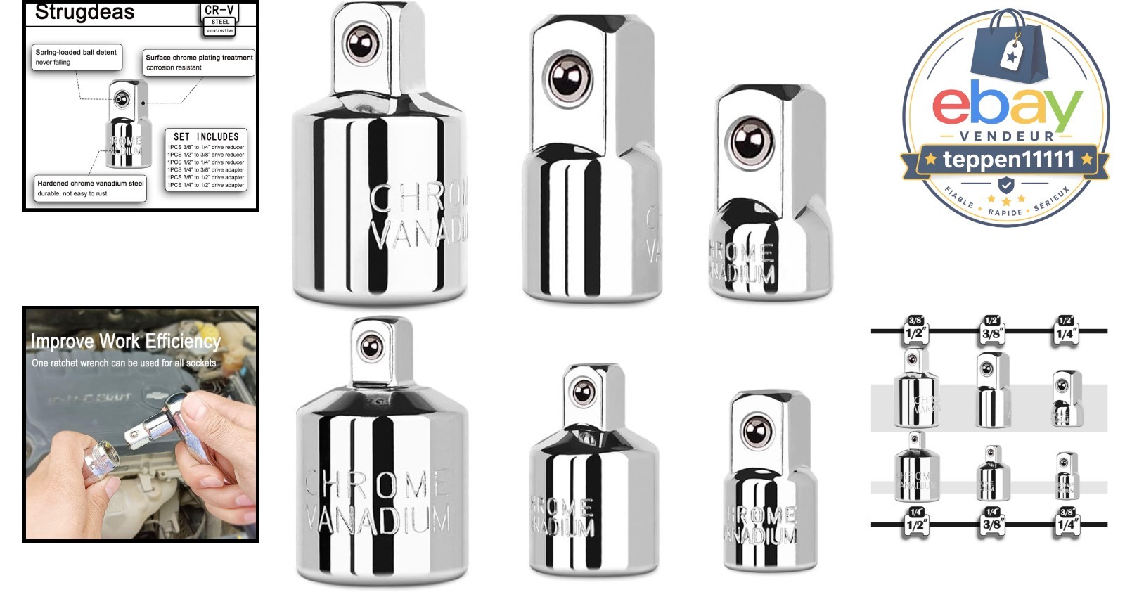 6 Piece Socket Adapter Reducer Set 1/4″ 3/8″ 1/2″ Chrome Vanadium Steel