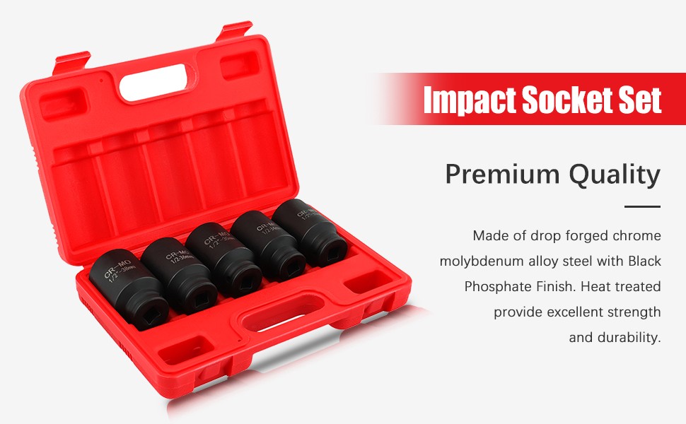 5Pcs 1/2″ Drive Deep Impact Axle Hub Socket Set 6 Point 33mm 34mm 35mm 36mm 38mm