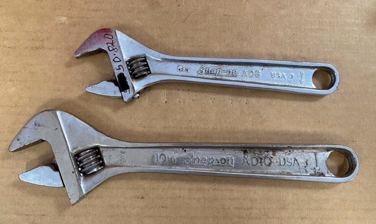 SNAP-ON 2 PC ADJUSTABLE WRENCHES (8″ AD8 & 10″ AD10) USED.