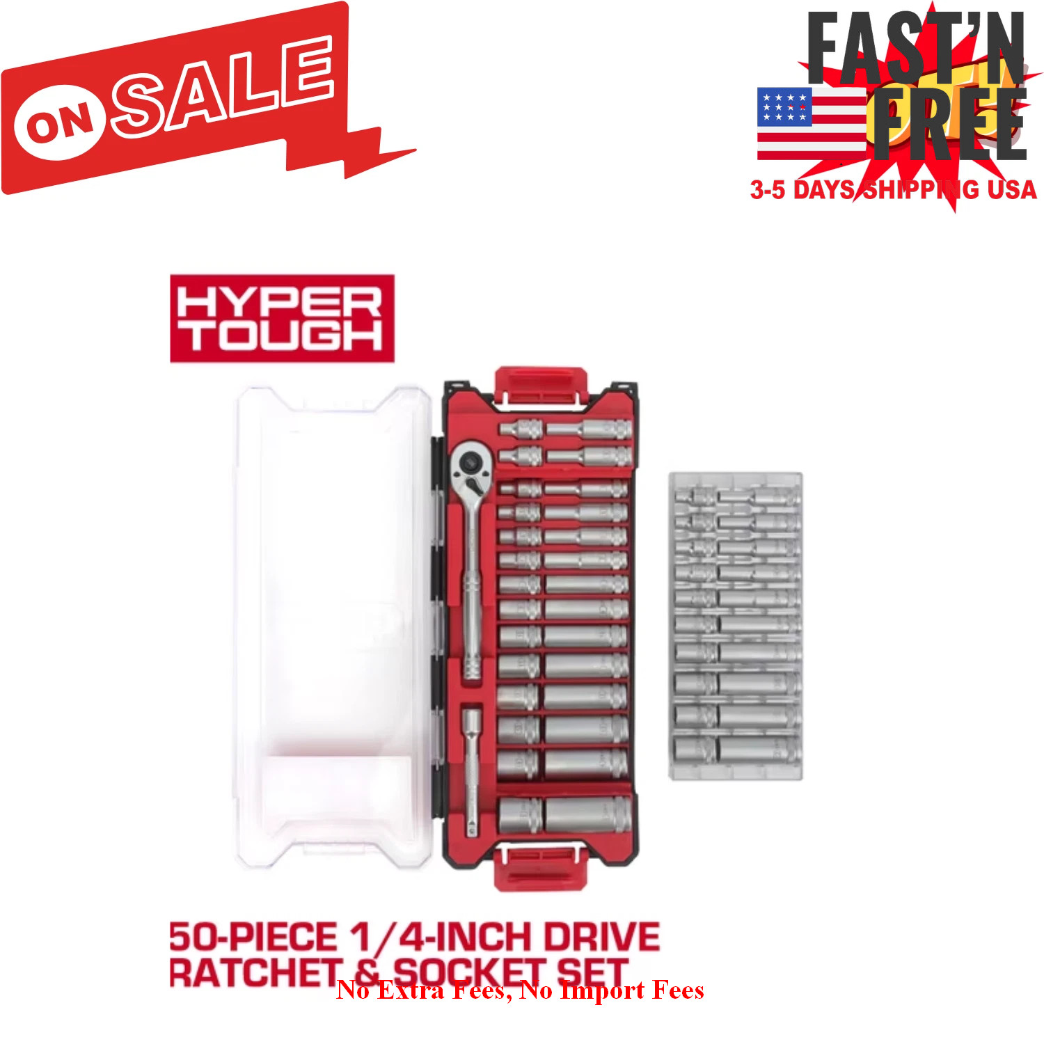 Hyper Tough 1/4-Inch Drive Ratchet and Socket Set SAE and Metric 50 Pieces