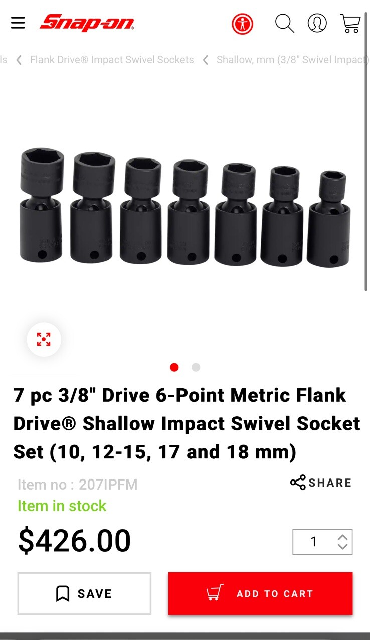 Snap-On 207IPFM 7-Pc 3/8″ Drive Metric Shallow Impact Swivel Socket Set-READ!