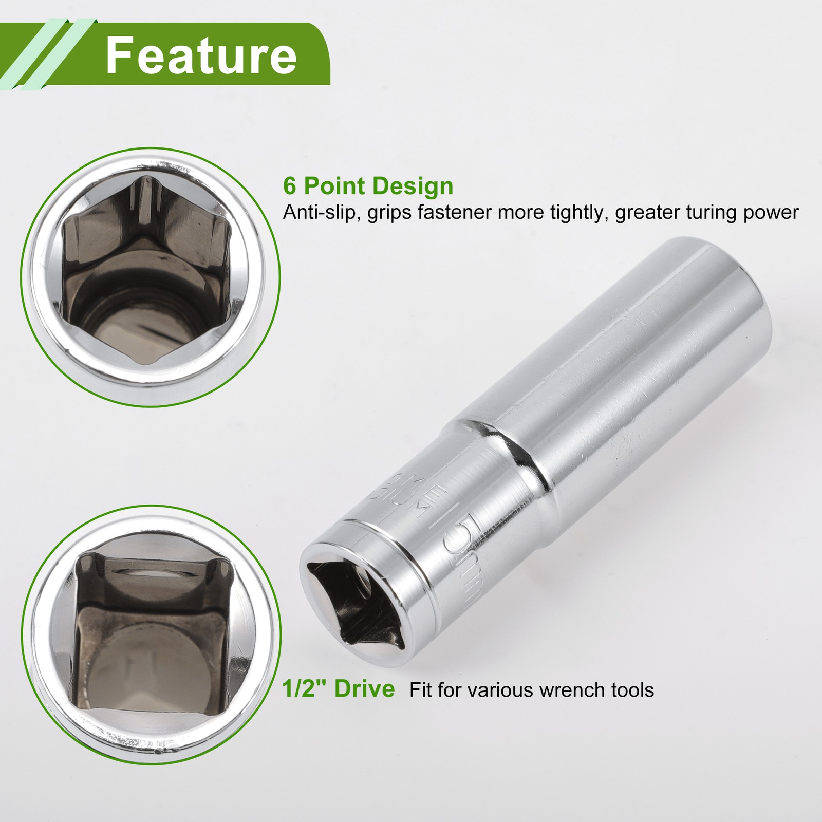 Universal 1/2 Inch Drive Impact Socket 15mm 6 Point Chrome Vanadium Steel 78mm