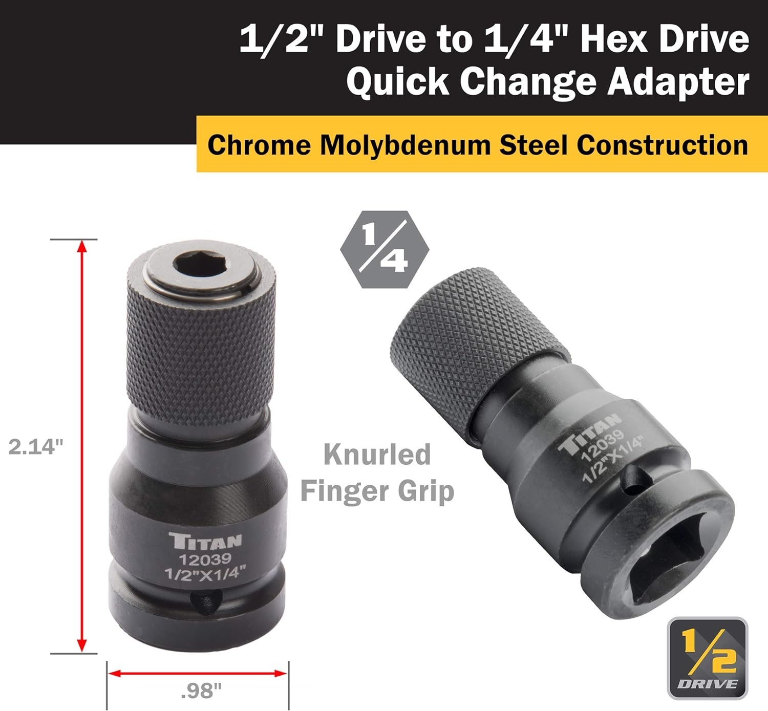 Titan Tools 1/2-Inch Drive To 1/4-Inch Hex Drive Quick Change Adapter (12039)
