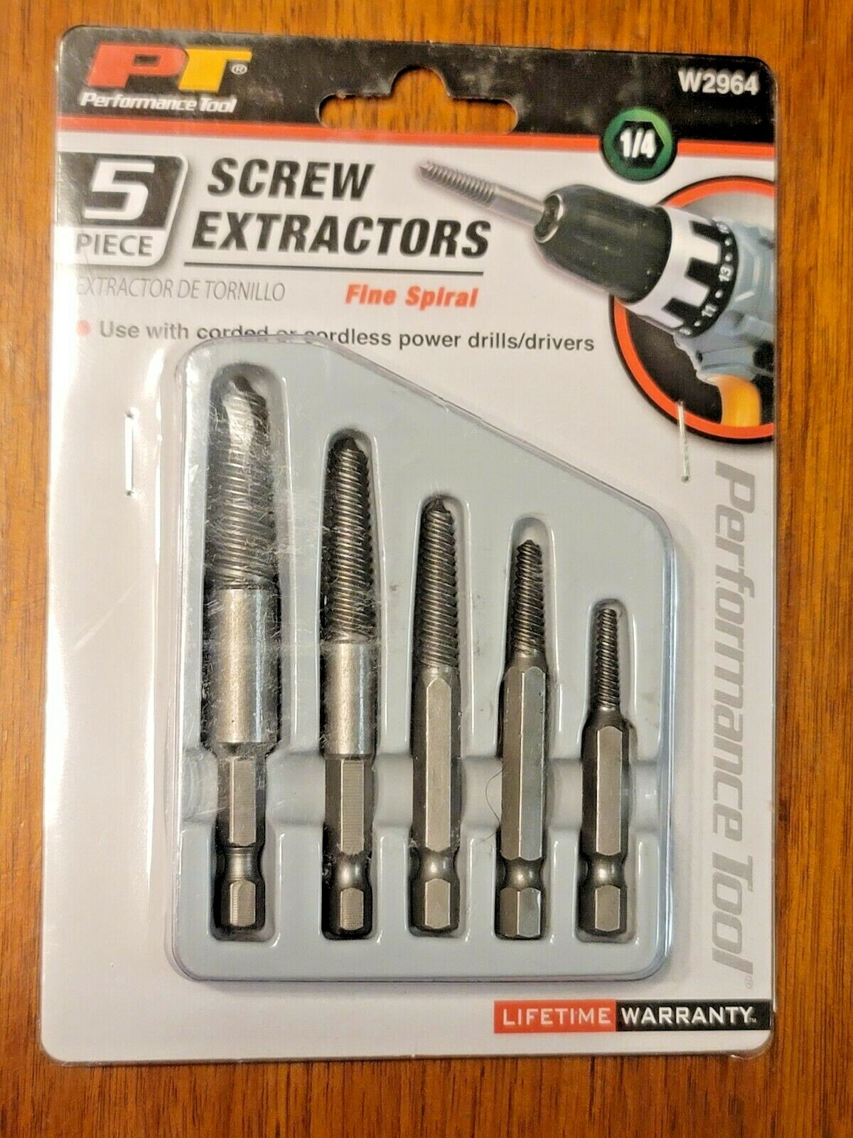 Performance Tool 5pc Fine Spiral Screw Extractor Set w/1/4″ Hex Shank #W2964