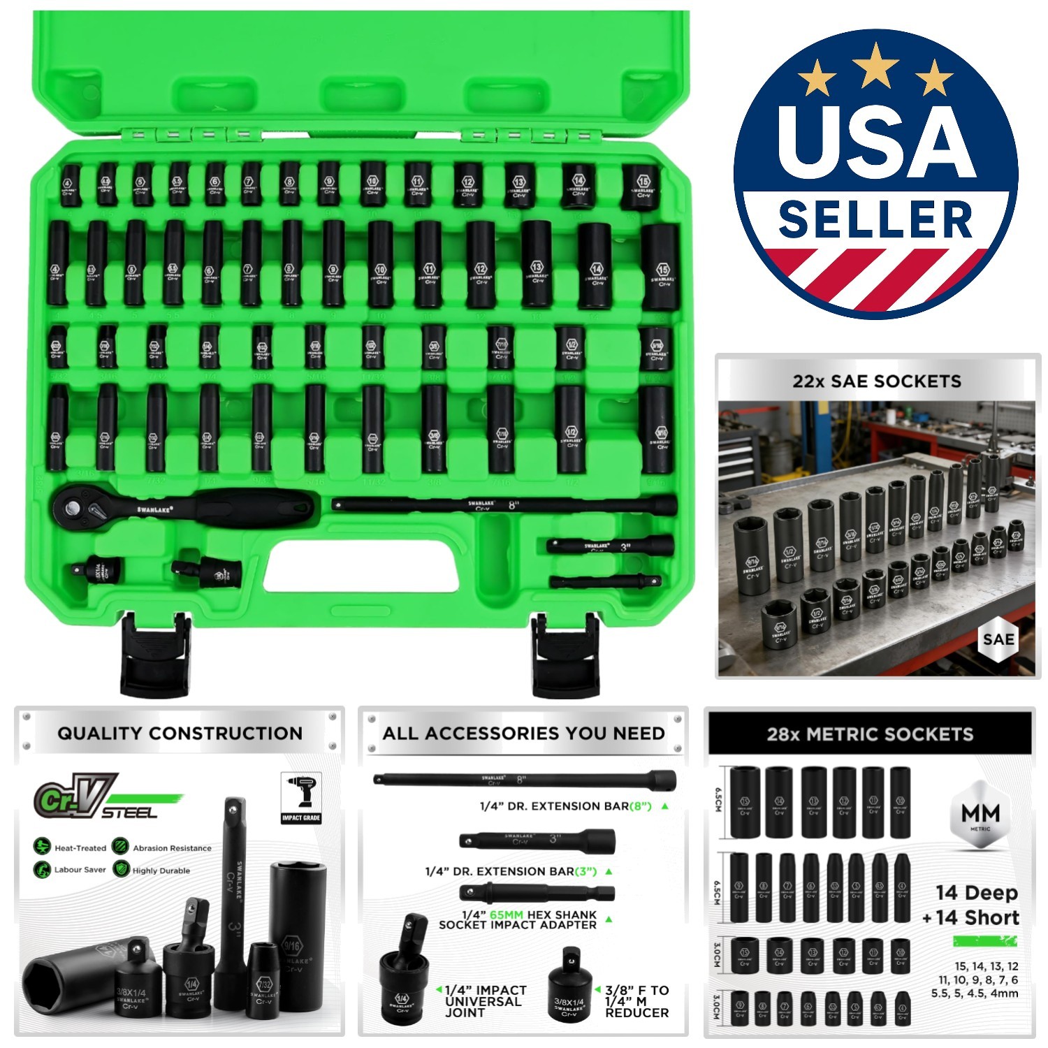 SWANLAKE 56-Piece 1/4-Inch Drive Impact Socket Set – Chrome Vanadium Durability