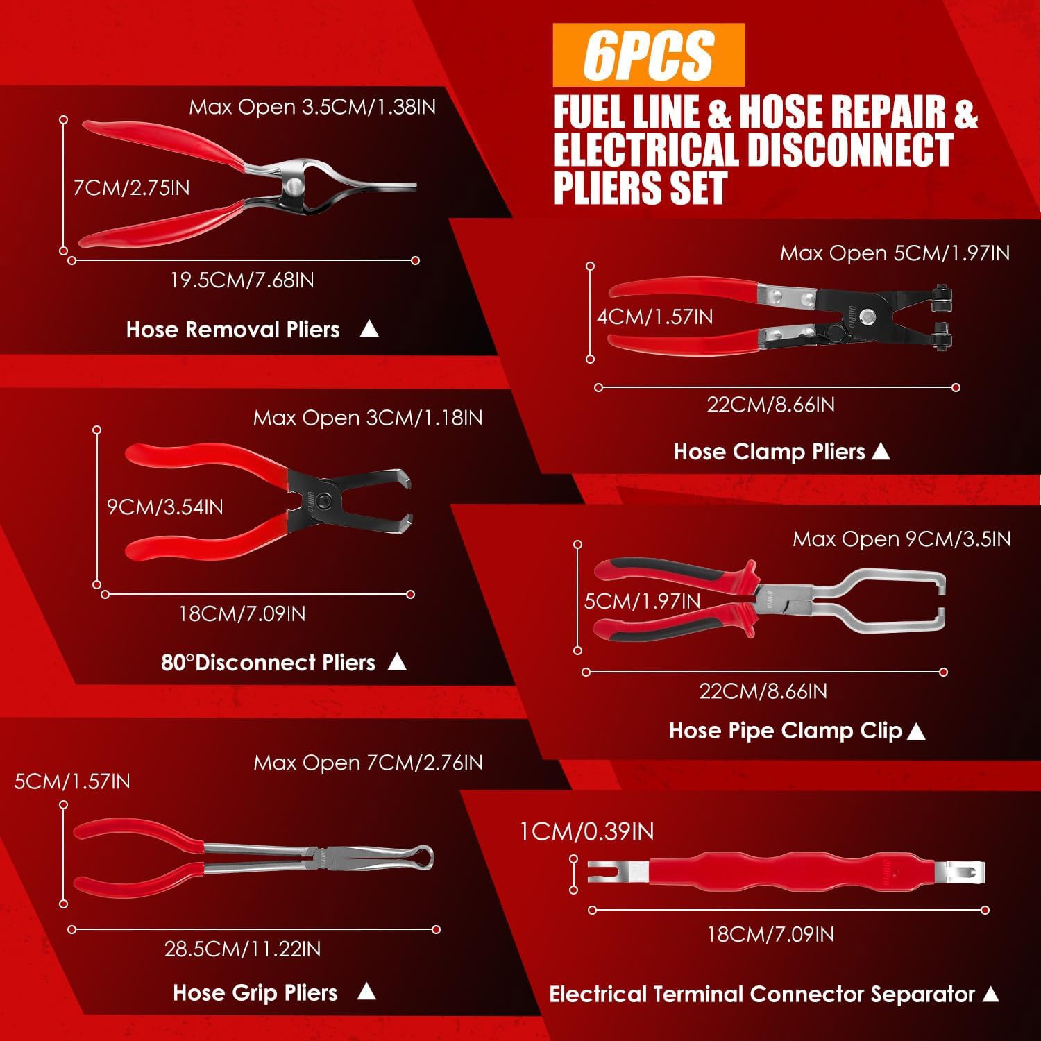 6Pcs Professional Fuel Line Pliers Set Hose Clamp Pliers Electrical Disconnect