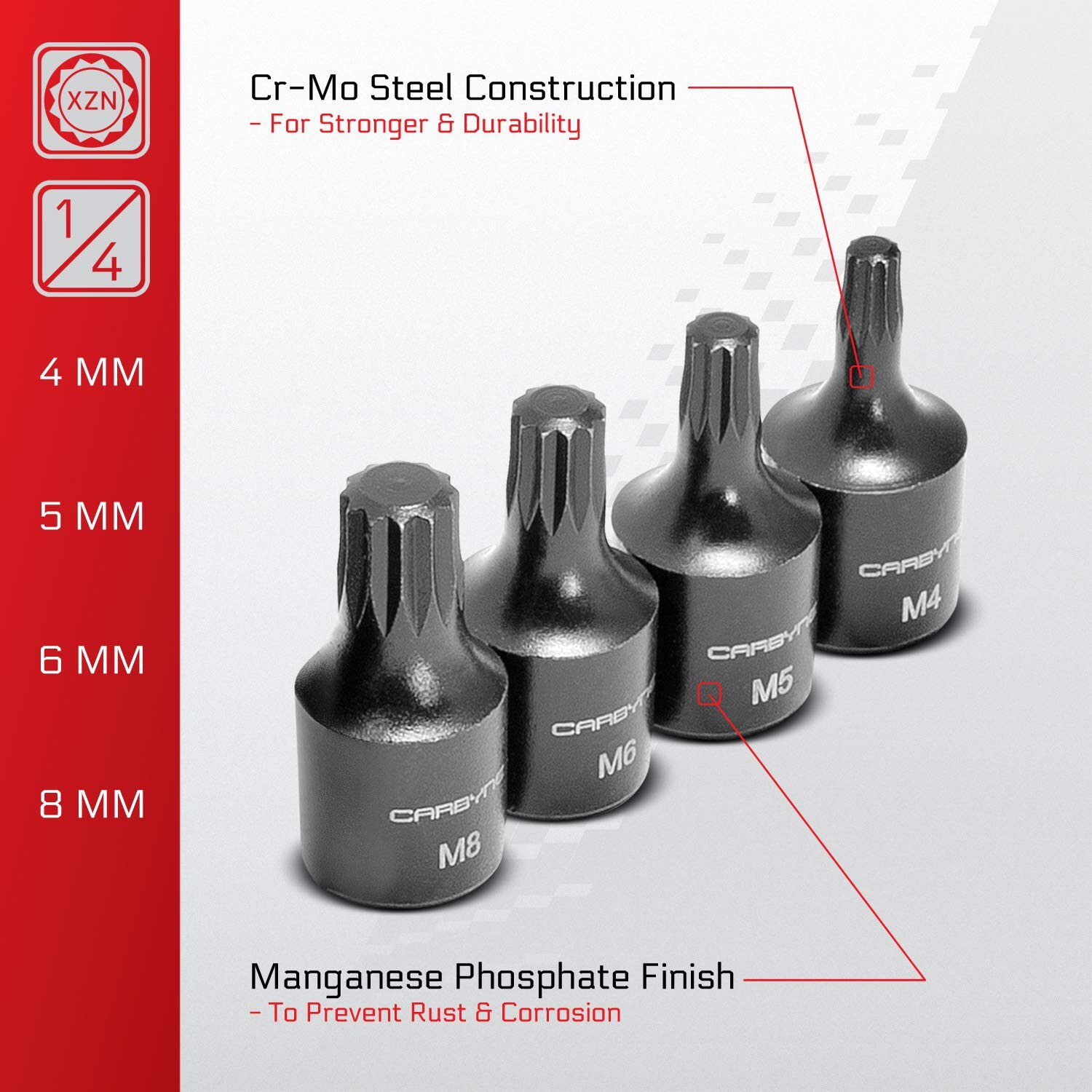 CARBYNE 9 Piece XZN Triple Square Bit Impact Socket Set, 4mm to 18mm