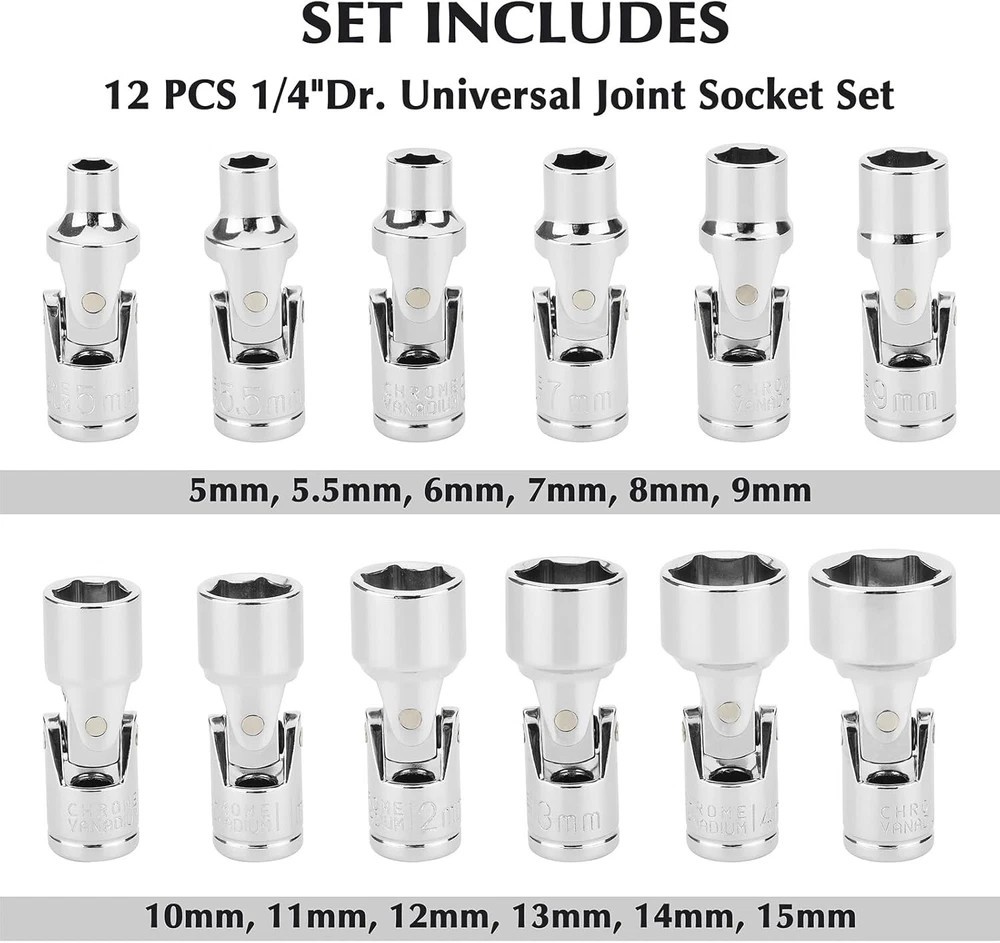 Flex Socket Set Swivel Socket Set Metric 1/4 Inch Drive 6 Point 12 PC