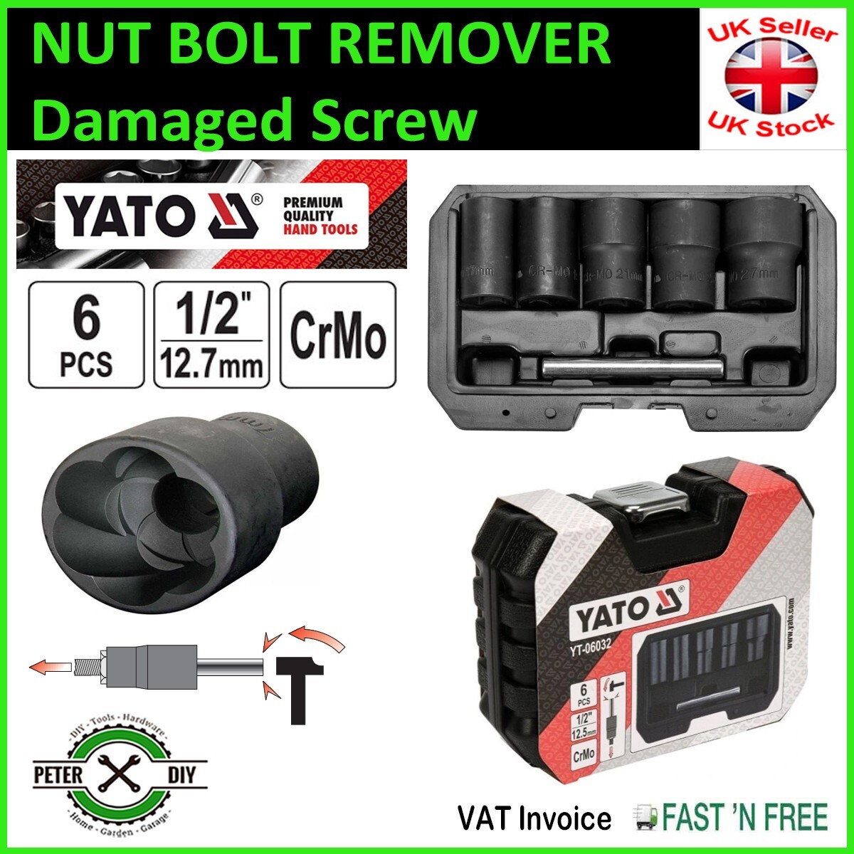 6 PCS NUT BOLT REMOVER Damaged Screw Broken Bolt Extractor Locking Socket YATO