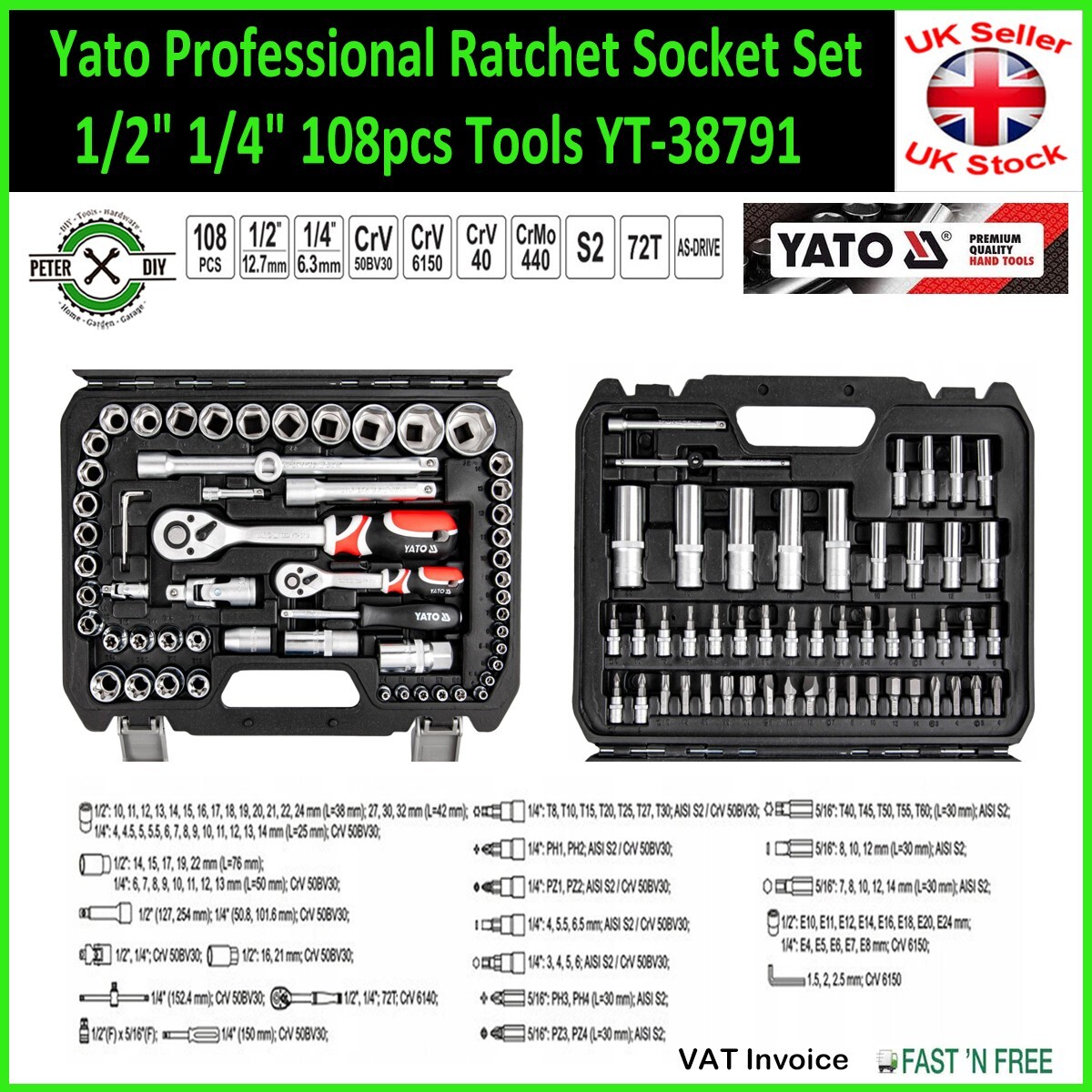 SOCKET SET RATCHET Yato Professional Tools 1/2″ 1/4″ 108pcs Tools YT-38791