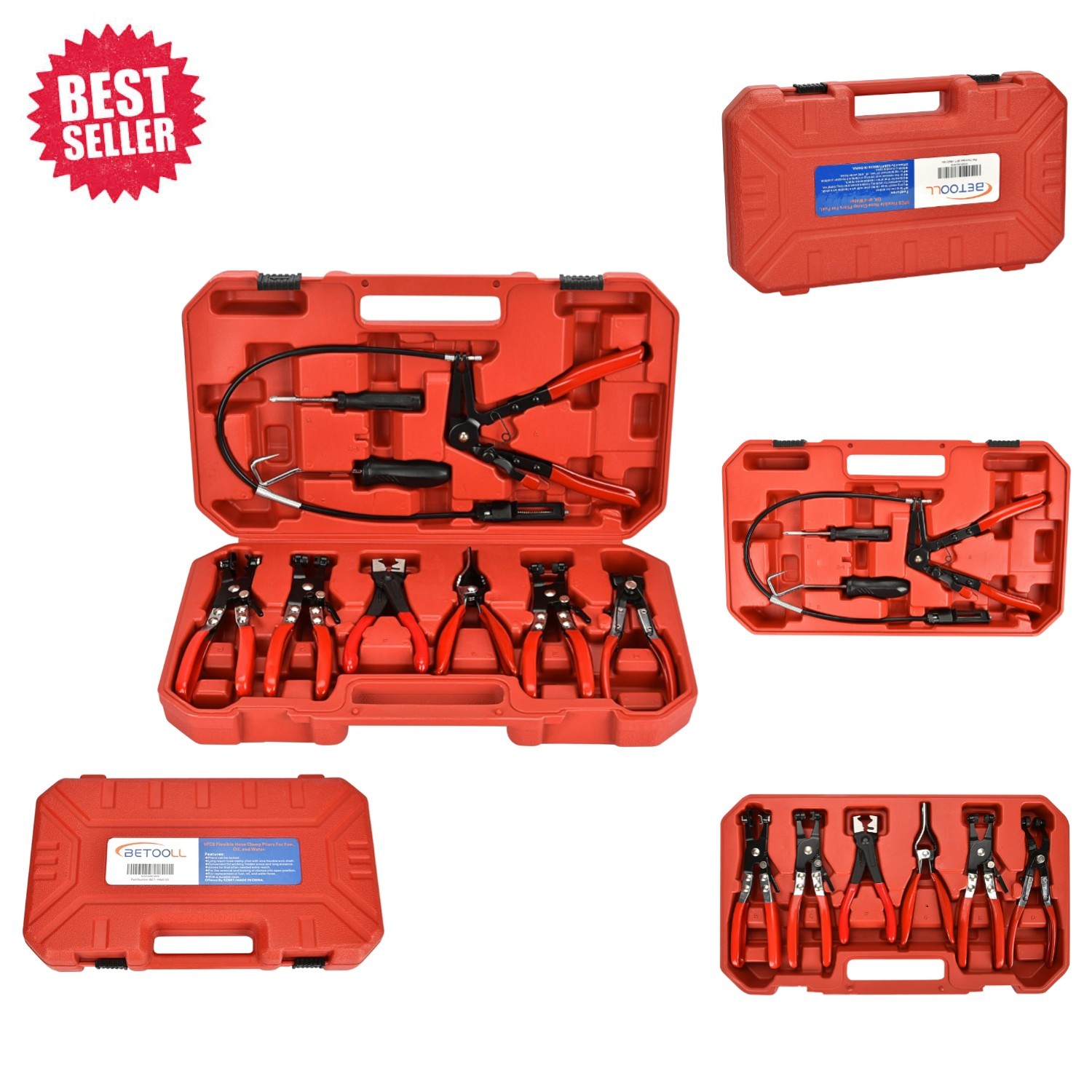 9pc Professional Hose Clamp Pliers Set: Long & Swivel Jaw Red Tools