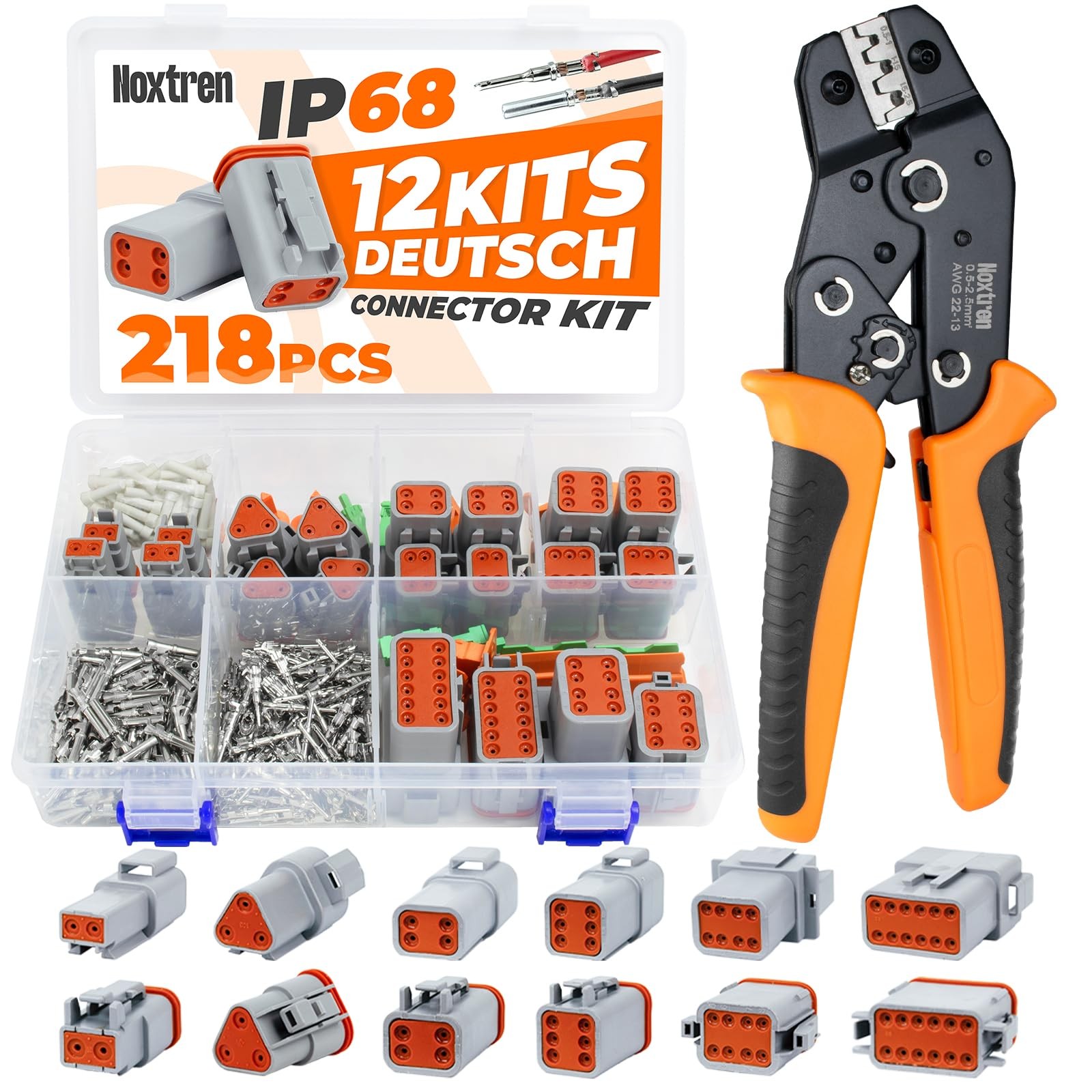 Noxtren 218PCS 12 Kits DT Deutsch Connector Kit with Ratcheting Orange, Black