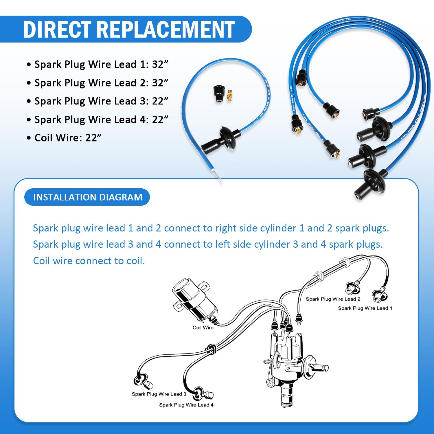 Blue 7mm Silicone Ignition Plug Wires for Type 1, Compatible with Dune Buggy