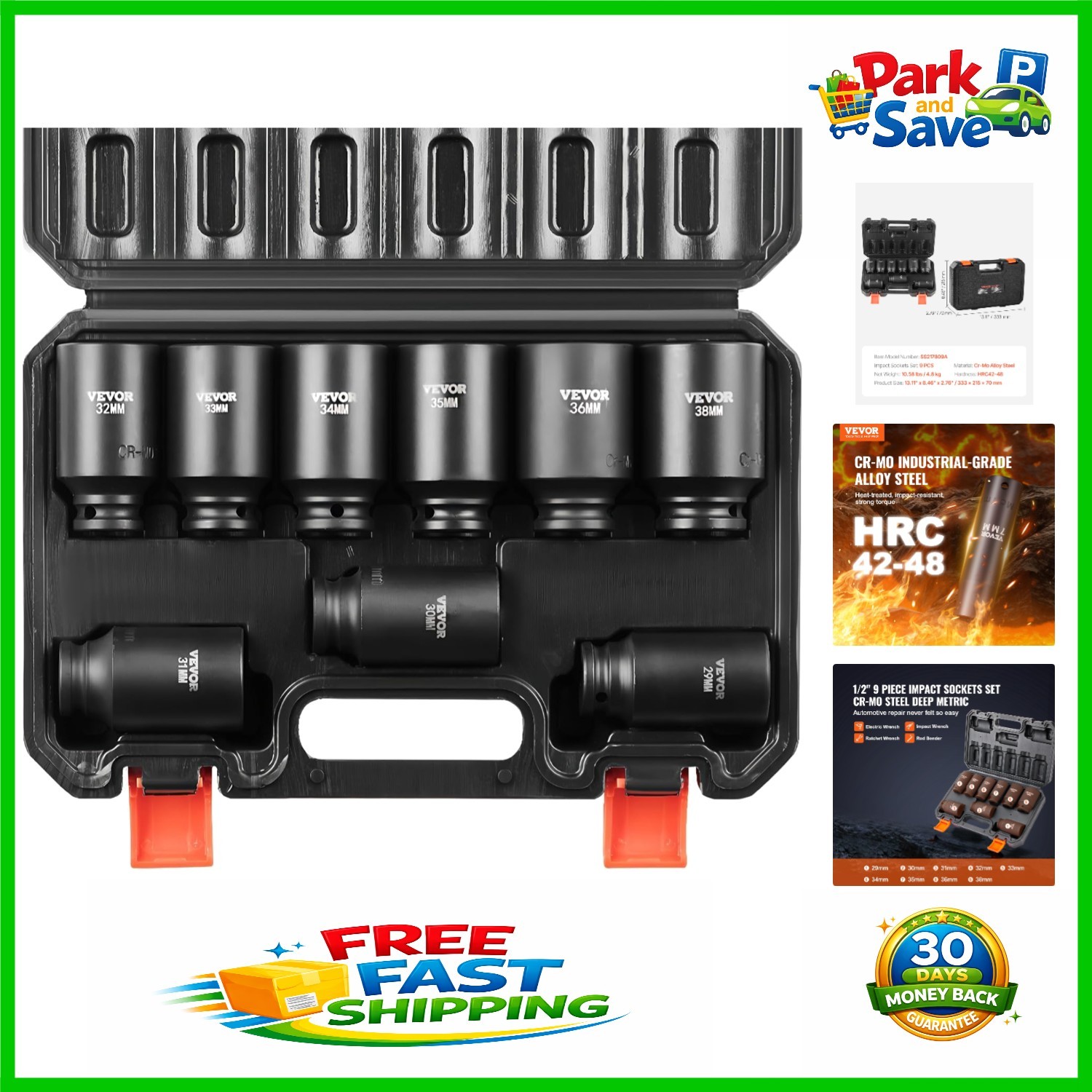 Efficient 1/2″ Cr-Mo Drive Socket Set: 9 Deep Impact Sockets with Clear Markings