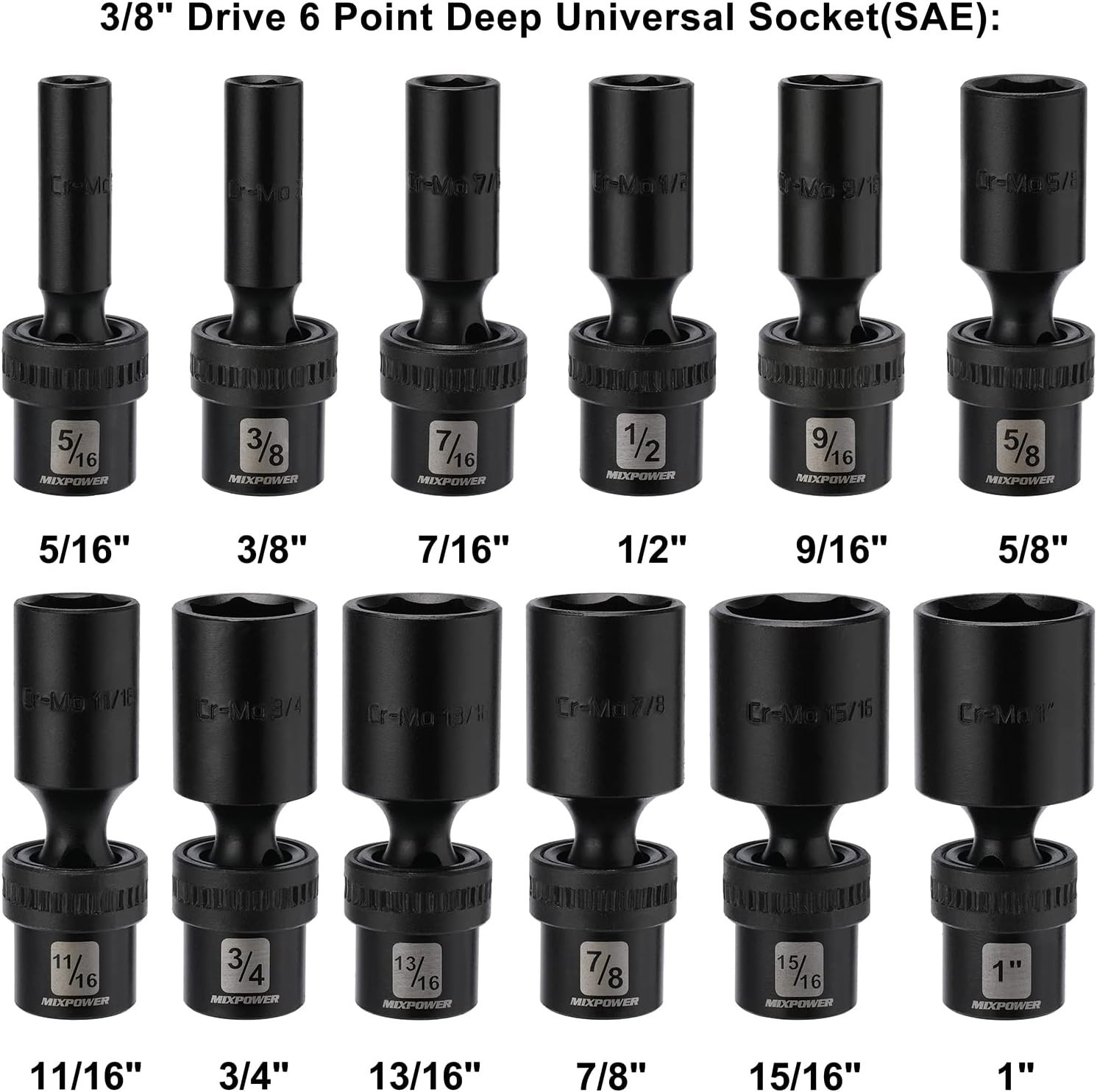 12 Pc Set 3/8″ Drive Deep Impact Swivel Socket, Chrome Moly//
