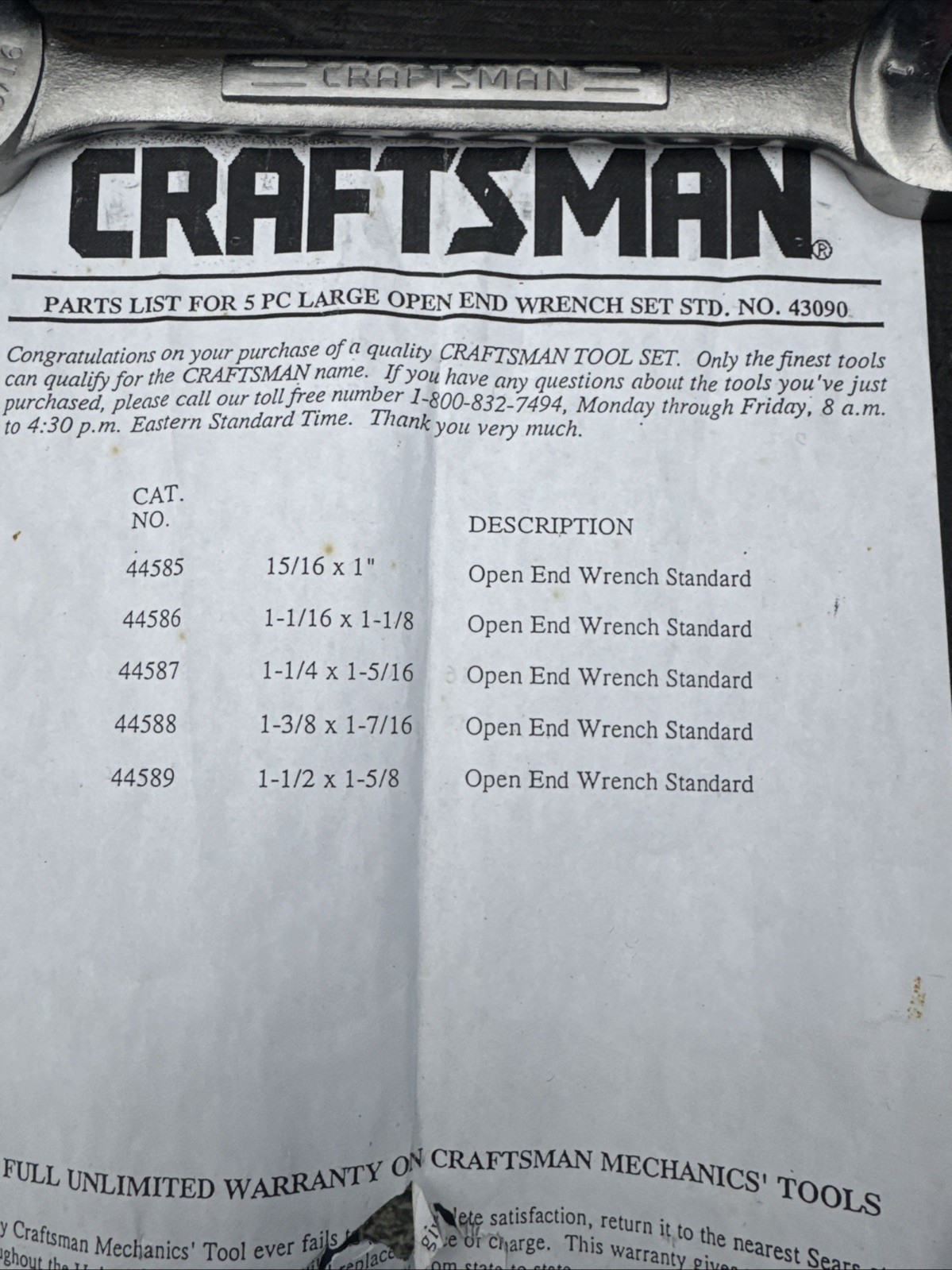 Sears Craftsman USA Nos Catalog only Double Open End Wrench Set 43090 5pc Jumbo