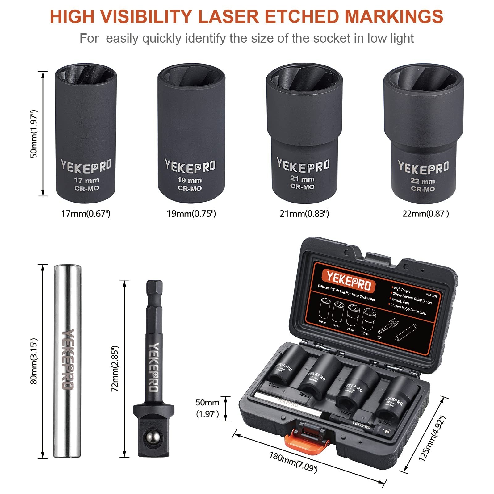 6 PCS Lug Nut Removal Tool Set, Impact Twist Socket & Bolt Extractor, 17-22MM
