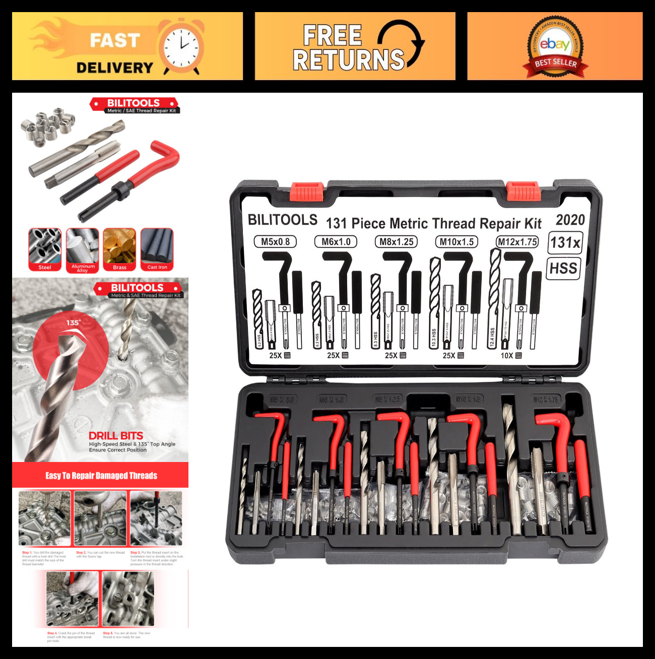 Metric Thread Repair Kit – 131-Piece Heli Coil Set M5 M6 M8 M10 M12, Includes HS