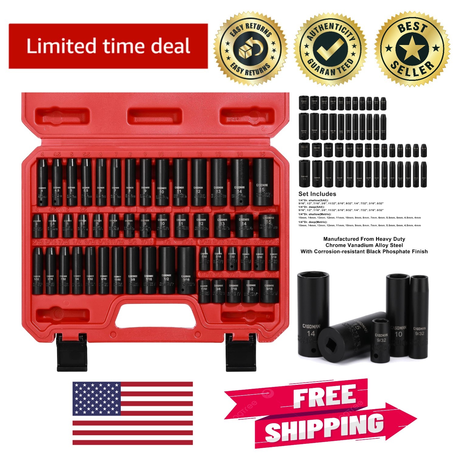 Corrosion-Resistant 50-Piece 1/4 Inch Drive Socket Set – High Contrast Markings