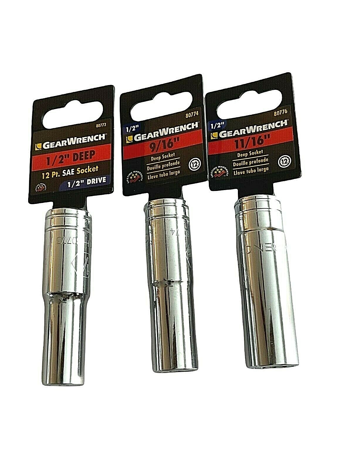 GearWrench 1/2″ Drive 12 Point SAE Deep Sockets 1/2″ 9/16″ 11/16″ Lot of 3 – NEW