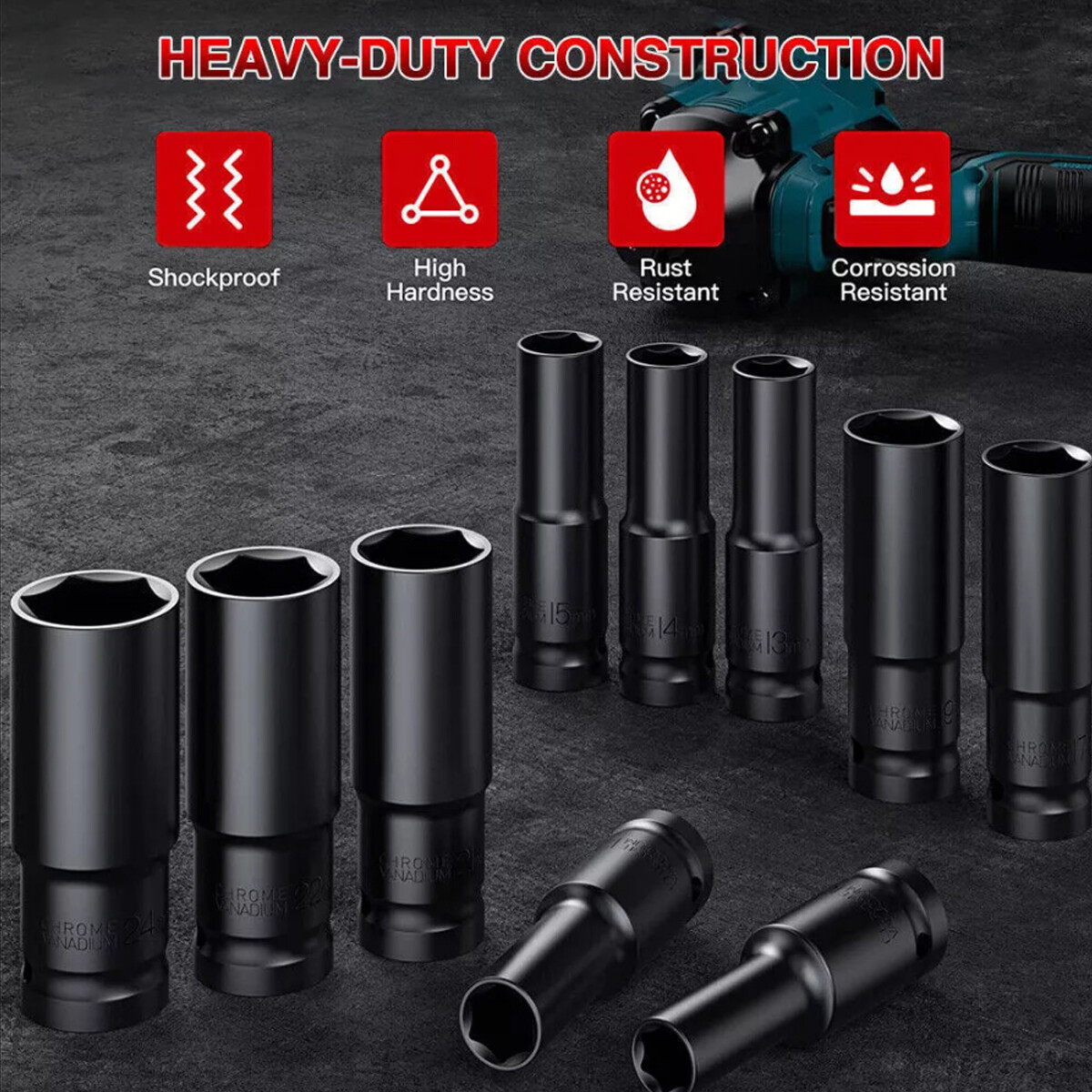 10PCS 1/2″ Deep Impact Socket Set Drive 6 Point Metric Garage Tool 10 – 24mm US