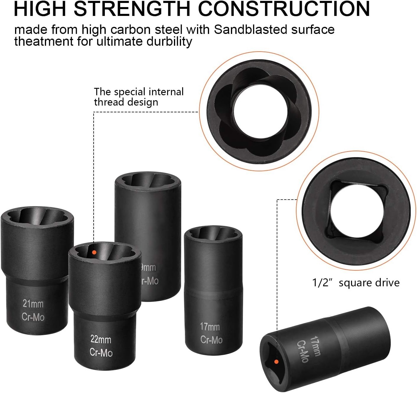 1/2 Inch Drive 5-Piece Lug Nut Removal Kit | High Carbon Steel Tool Set