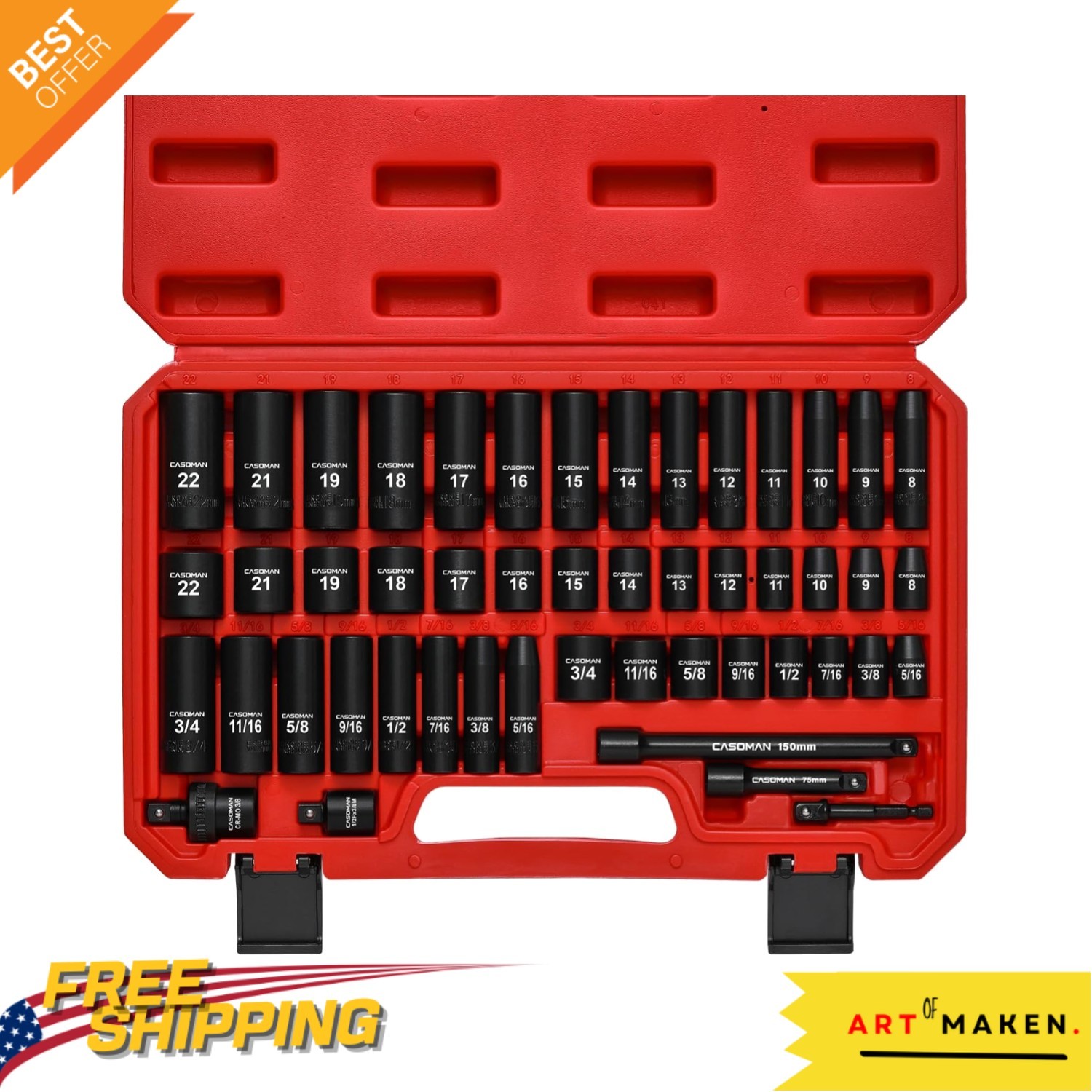 Durable 49-Piece Chrome Vanadium 3/8″ Drive Impact Socket Set – ANSI Compliant