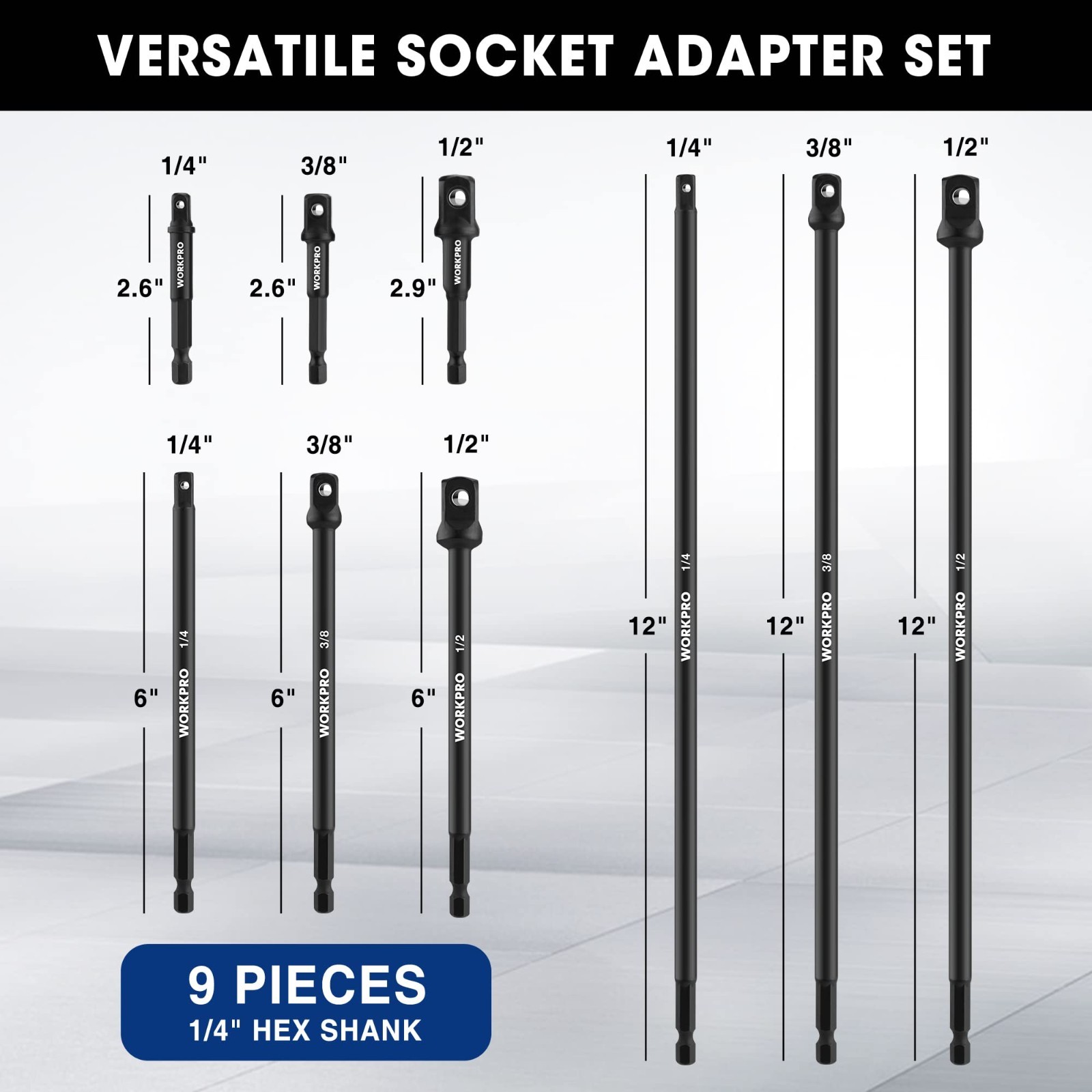 9-Piece Socket Adapter Extension Set, 1/4, 3/8, 1/2-Inch Drive, Impact Grade Bit