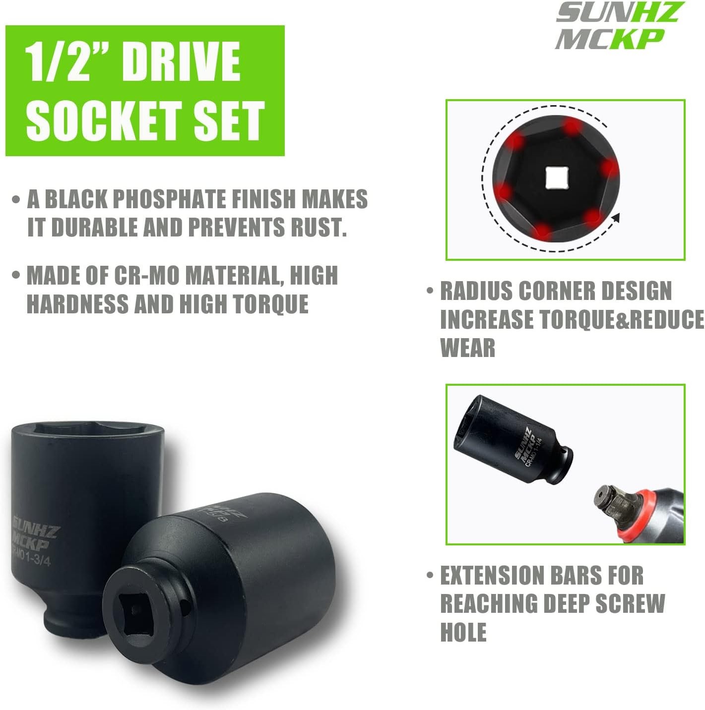 1/2″ Drive Deep 6-Point Impact Socket Set, 8-Piece, 1-1/4″ to 1-3/4″ Size