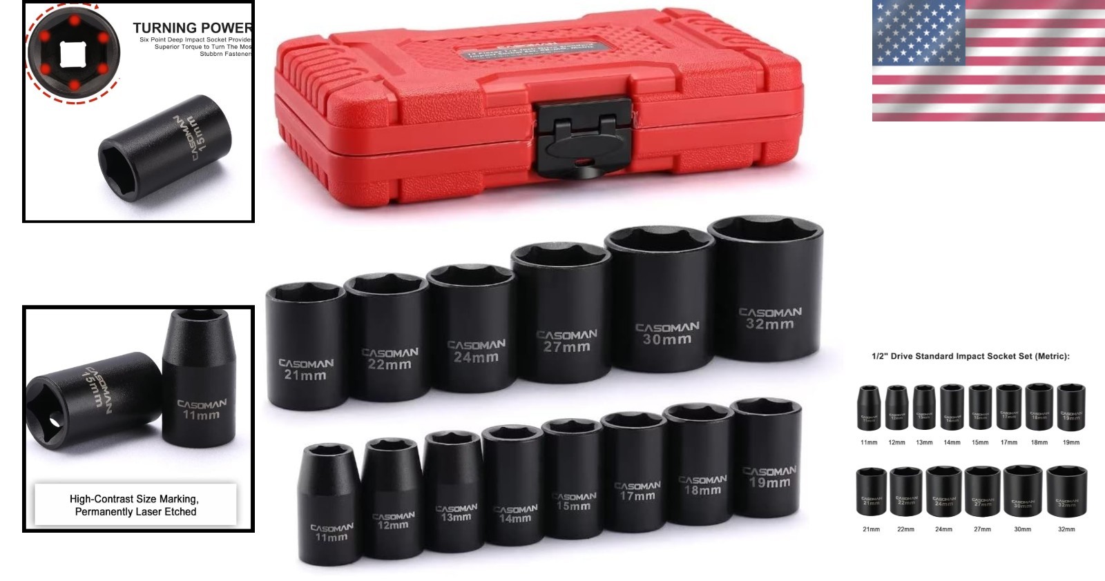 Professional Quality 14-Piece Shallow Impact Socket Set with Laser Etshed Sizes