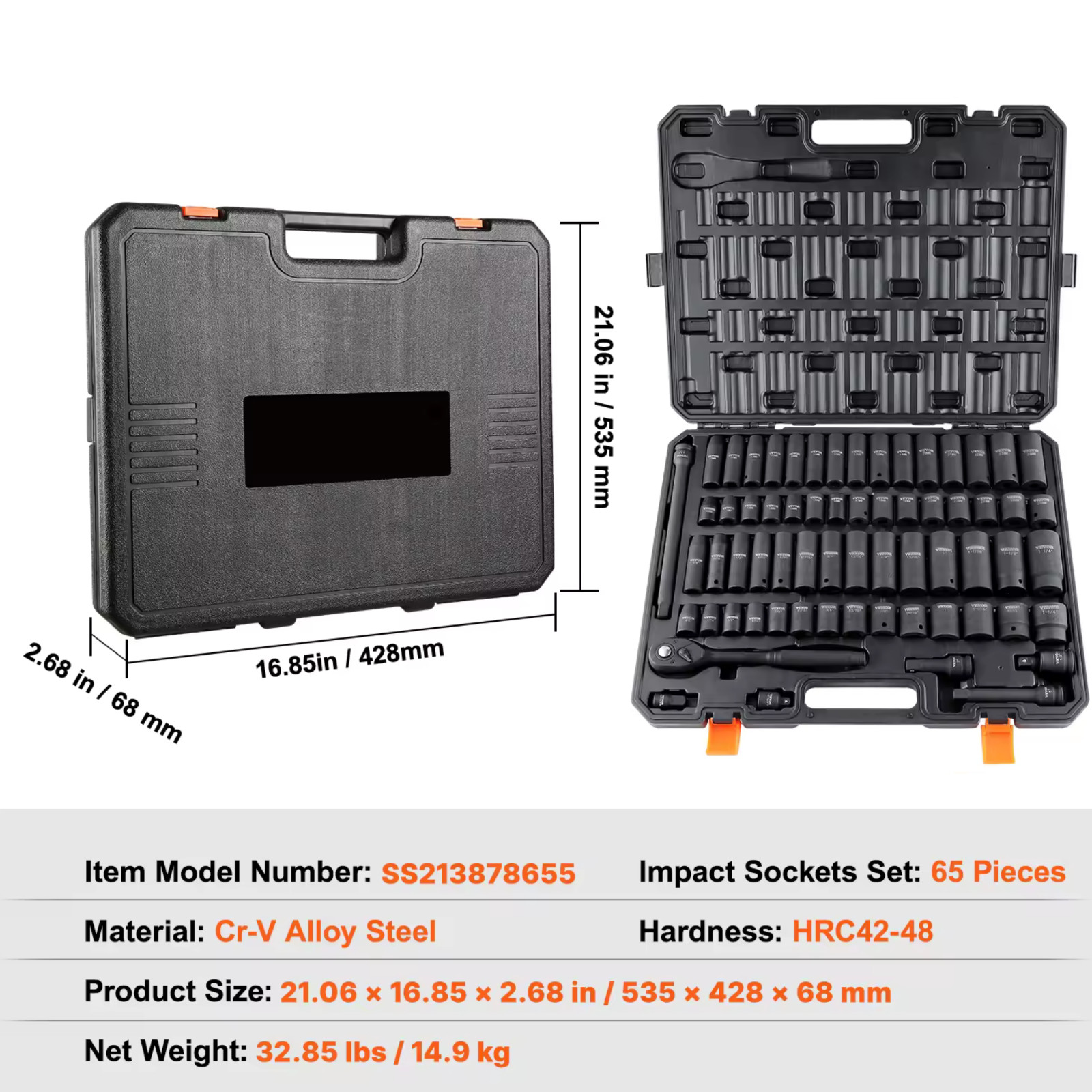 65pc 1/2 In Drive Impact Socket Set 6 Point Mechanics Tool Kit With Case