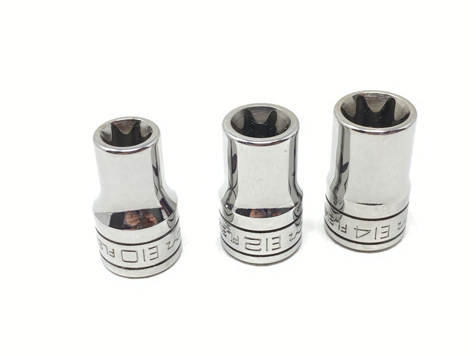 Snap-On Tools FLE Series 3/8″ Drive 10, 12, 14 Inverted E TORX Chrome Sockets