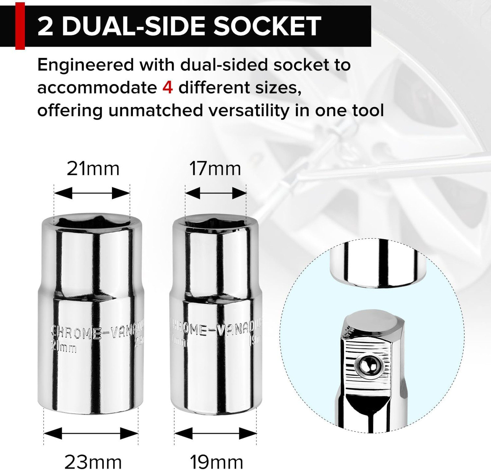 Extended Lug Wrench, 4 Way Tire Iron for Car, 17mm 19mm 21mm 23mm Sockets, 1/2