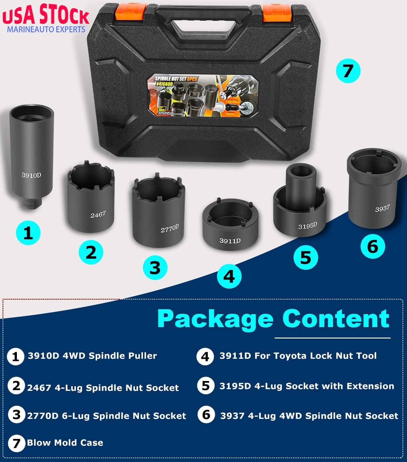 6pcs 41660D Spindle Nut Set 4WD Socket Puller Tool for Ford Dana 44 50 60 Trucks